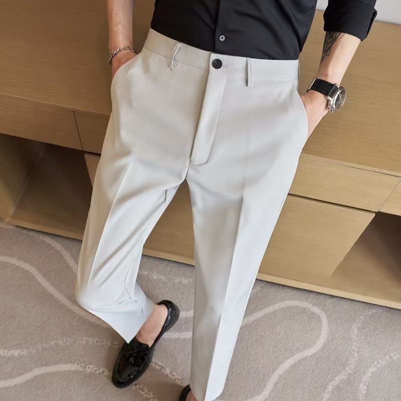 Foreign trade cut label small suit pants men's cropped slim straight slacks, ice silk men's drape black suit pants