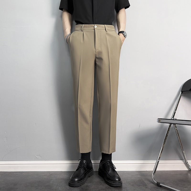Slim fit, straight, anti-wrinkle suit trousers, men's non-iron, business casual pants, high-end drape, black cropped trousers