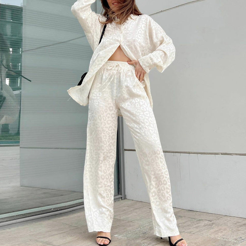 Spot autumn ladies European and American two-piece high-end long-sleeved loose leopard print fashion casual women's suit women's autumn