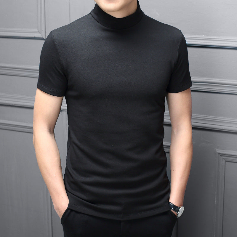 A drop-hair spring and summer men's half-high-neck milk silk short-sleeved slim T-shirt men's solid color high-neck trend base shirt