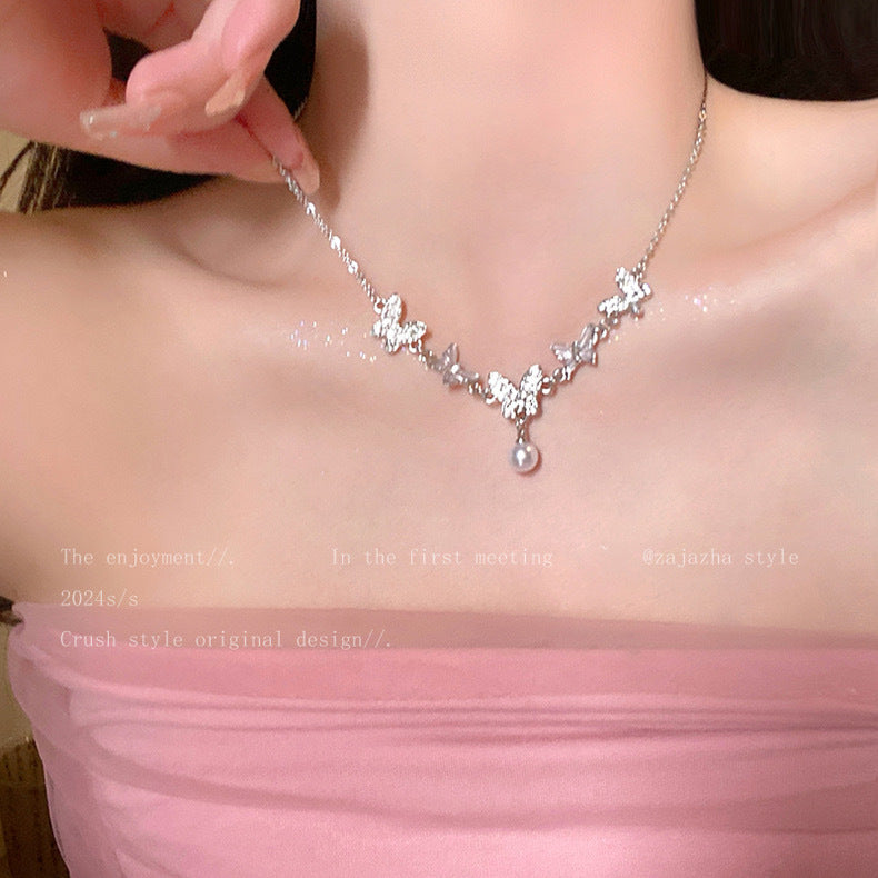 Butterfly, pearl, zircon, clavicle chain, women's tide, light luxury, luxury, sense of commuting, 100 collocation, necklace, Internet celebrity temperament, necklace