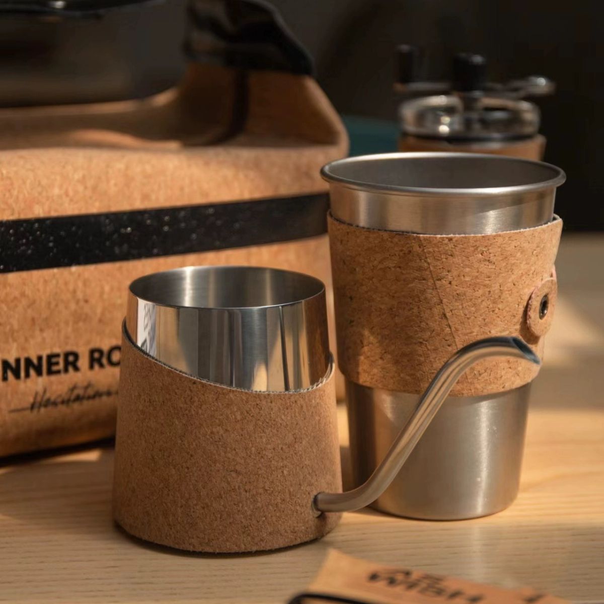 Amazon hot water cup heat insulation cork set coffee cup stainless steel hand poured mocha coffee pot gift set