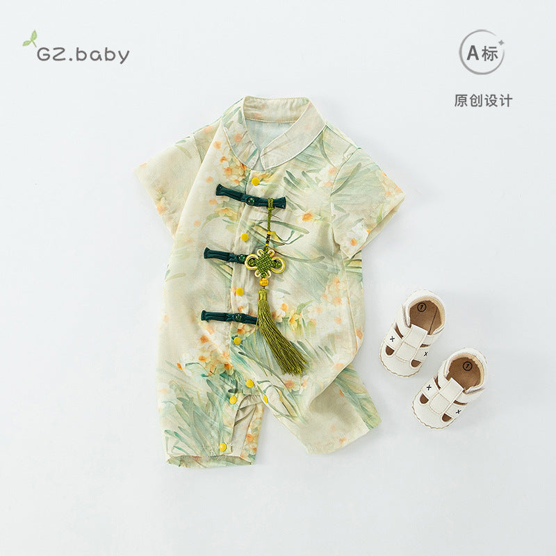 Baby clothes, summer clothes, one-piece clothes, thin clothes, crawling clothes, baby boys, Chinese style, full moon, Hanfu, send Chinese knots