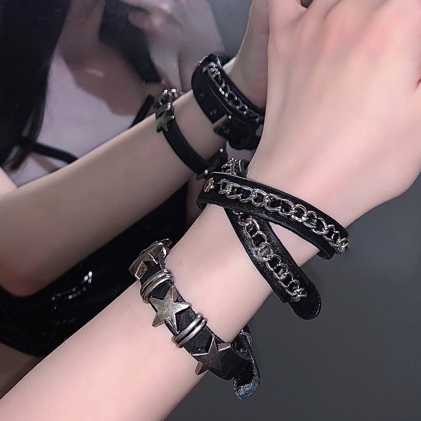 Punk rivet subculture star pure cowhide bracelet pentagram chain tide fan stacked couple bracelet women