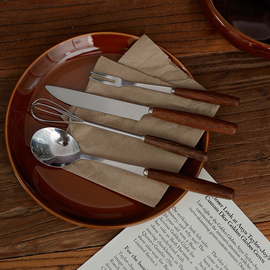 Korean ins style chicken wing wooden handle knife fork spoon Western food restaurant stainless steel niche high-grade feeling pasta fork tableware