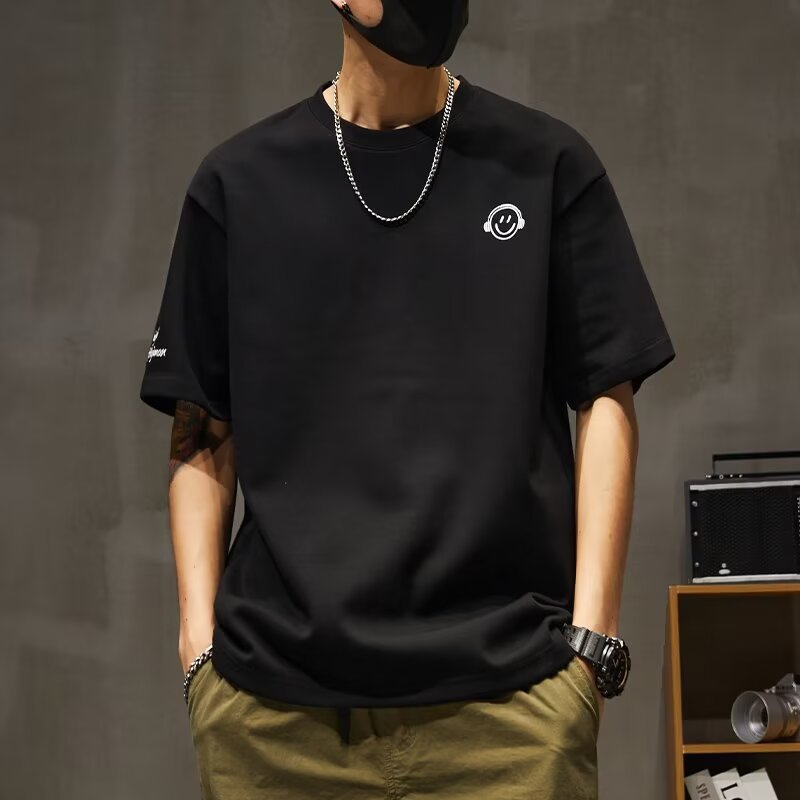 Heavy embroidery piqué cotton t-shirt men's spring summer new trend dropped shoulder short sleeve crew neck loose large size half sleeve shirt Jane