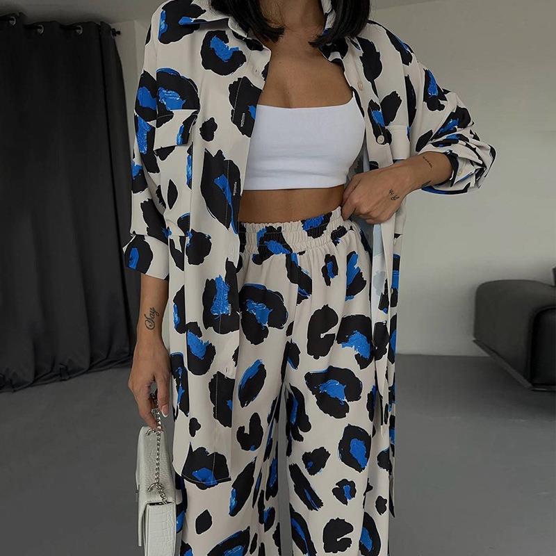 European and American casual suits, foreign trade women's clothing, 2023 autumn new products, printed design, long-sleeved shirt, wide-leg pants, two-piece set