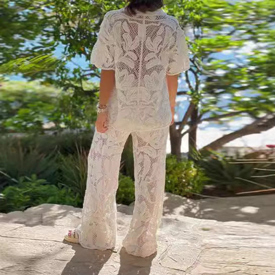 European and American cross-border 2024 new lapel cut-out loose top, straight trouser suit, casual fashion temperament