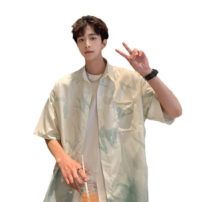 Ice silk cool shirt men's summer fashion brand design sense high-end gradient ink painting versatile couple loose shirt