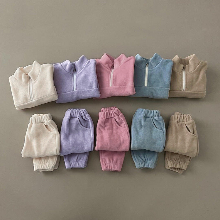 2025 Fall/Winter Baby Double-Sided Fleece Stand Collar Sports Set Baby Fleece Set Baby Wear Two-Piece Outer Set