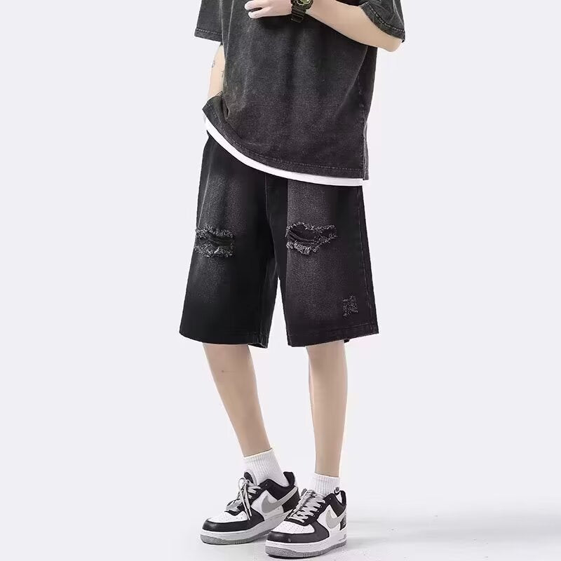 Ripped denim shorts, men's summer thin American high street fashion brand wear straight pants, handsome casual five-point pants