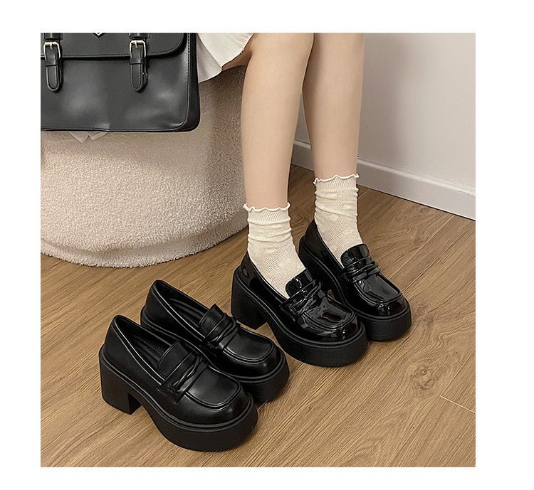 Black British style versatile high heeled platform small leather shoes women's 2024 new summer slip-on increase high loafer single shoes