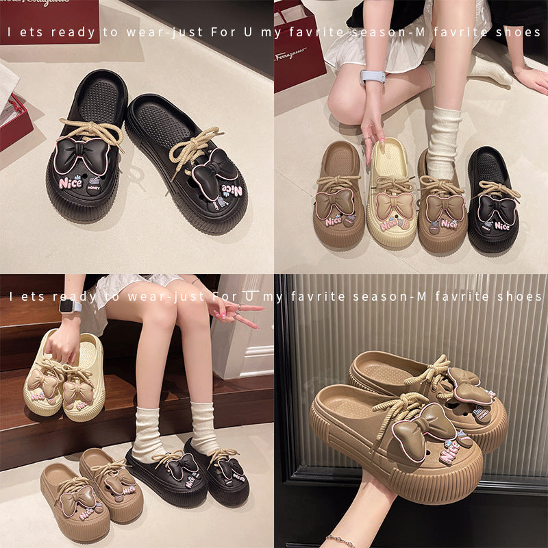 Cute bow lace hole shoes female summer students wear heightened thick-soled toe non-slip sandals indoors and outdoors