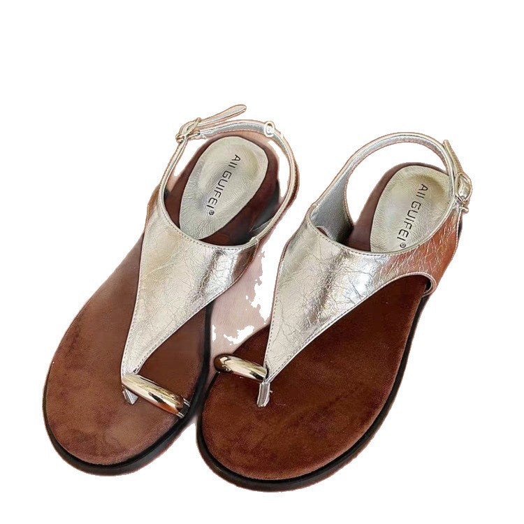 Sheepskin version ~ French niche metal buckle pullover toe sandals, women's fairy style open toe leather soft soles, comfortable Roman shoes