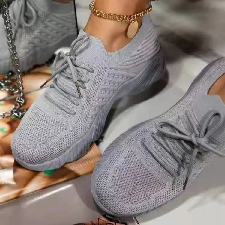 2022 new foreign trade large size women's shoes sports shoes women's lace-up mesh thick-soled casual flying woven shoes breathable low-heeled shoes