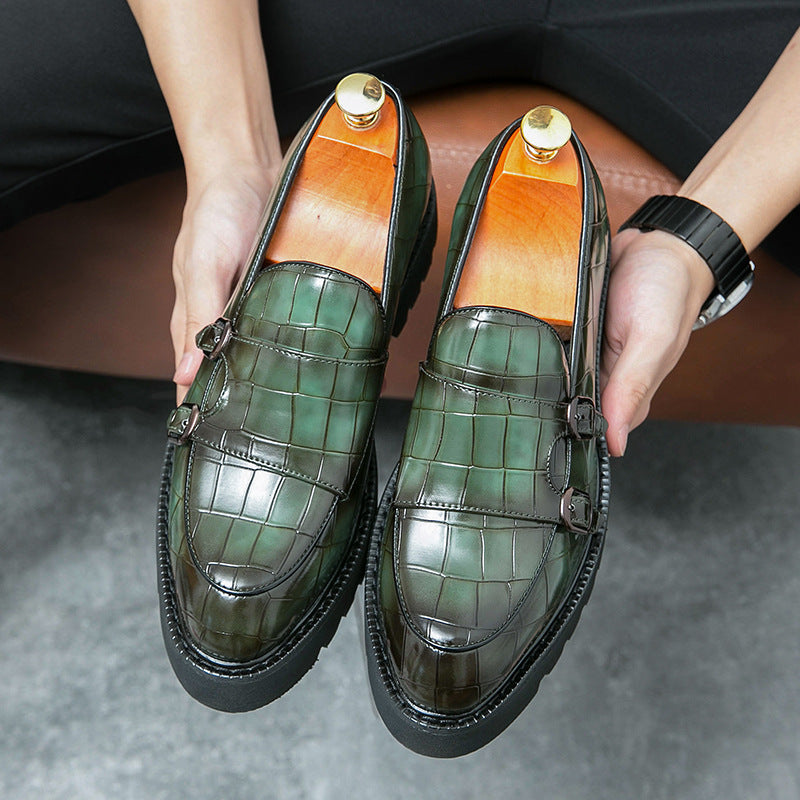 2023 new size double pin buckle loafers men's patent leather shiny block heel platform sole heightened hairstylist casual leather shoes