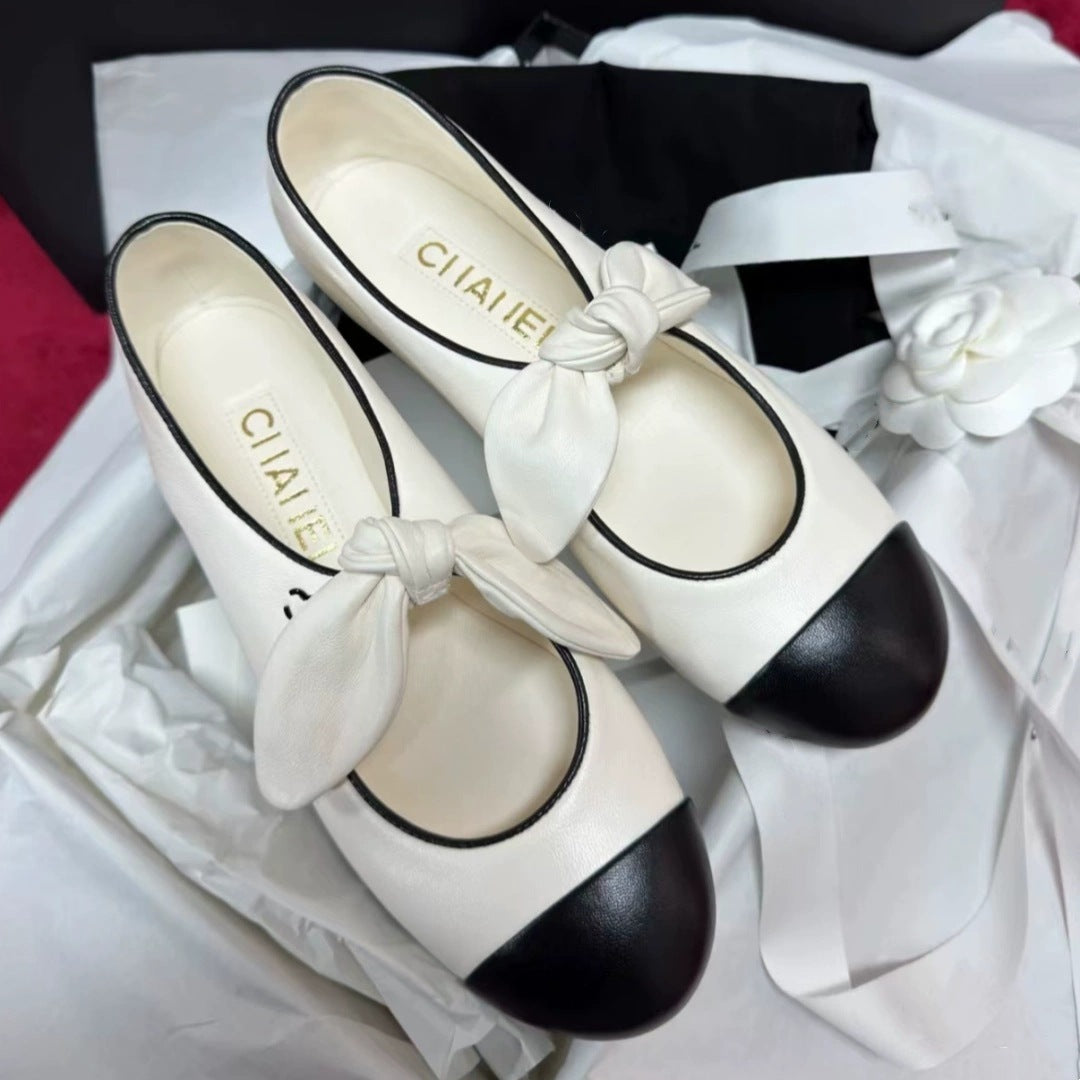 Little Fragrance Bow Mary Jane Single Shoes Leather Pumps Female Rabbit Ears Black and White Color-Blocked Ballet Shoes