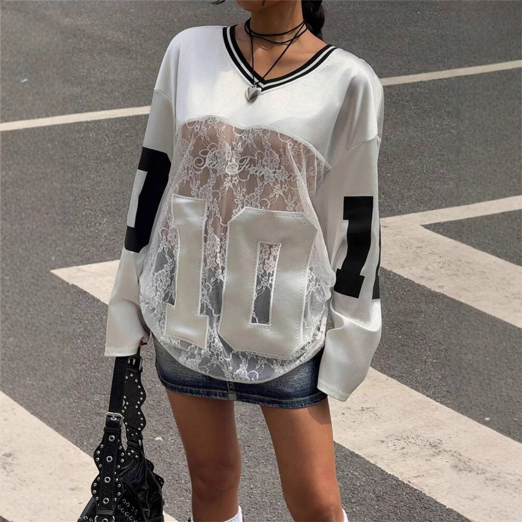 European and American summer new women's clothing, cross-border foreign trade, personality trendy style, printed lace, see-through V-neck sweatshirt