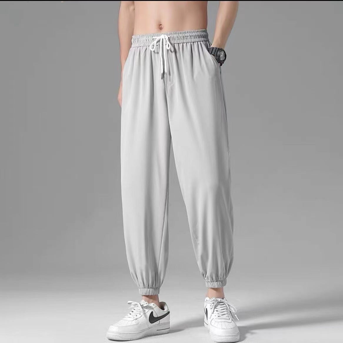 Factory direct summer thin ice silk pants men's loose straight draped feeling trousers quick-drying athleisure long