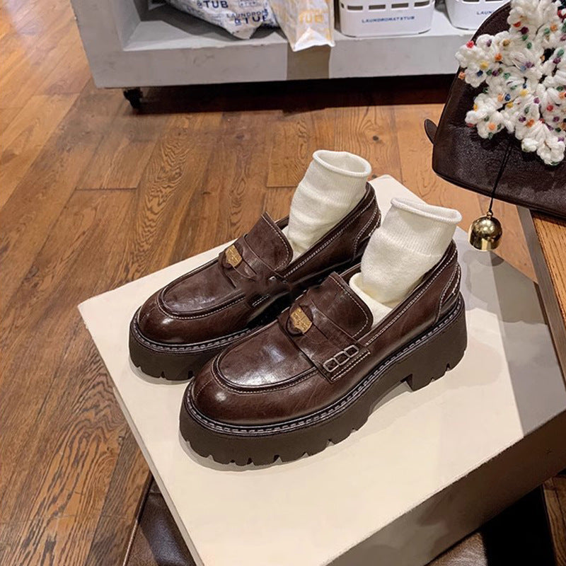 Washed cowhide ~ 5.5cm heightened thick sole small gold coin loafers female British small brown small leather shoes single shoes