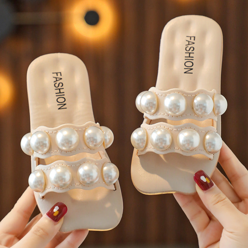 Children's parent-child slippers are worn outdoors in summer, indoor fashion, big pearls, fairy style, soft soles, girls' home, four seasons sandals