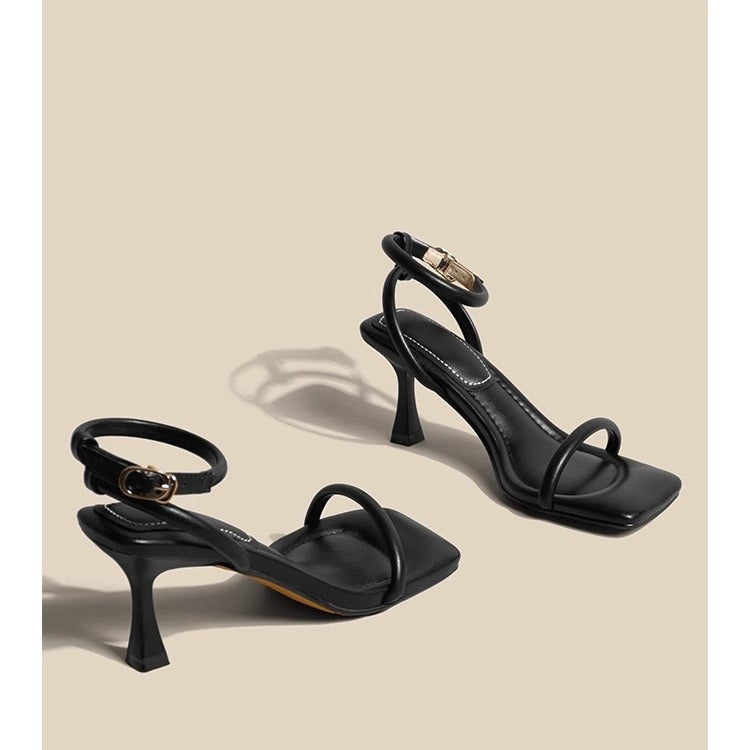 2024 New White French High Heels, Stiletto Heels, Square Toe, Open Toe, Slotted Sandals, Women's Summer
