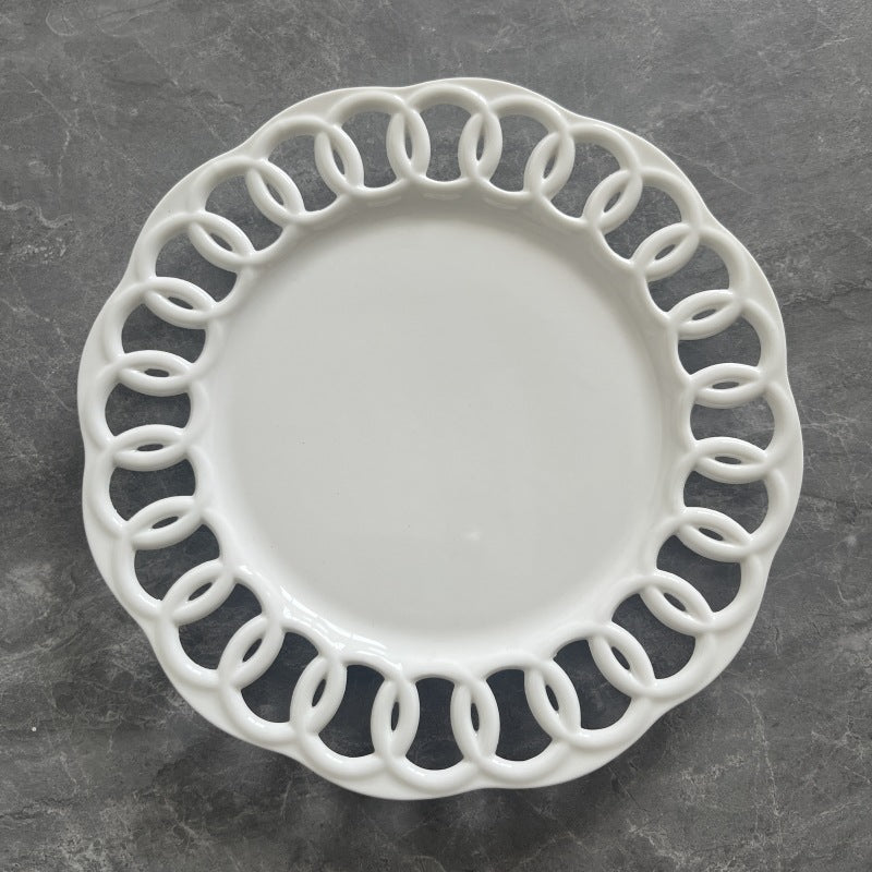 New product embossed ceramic hollow plate display plate fruit cake snack plate Western tableware manufacturer direct sales home restaurant