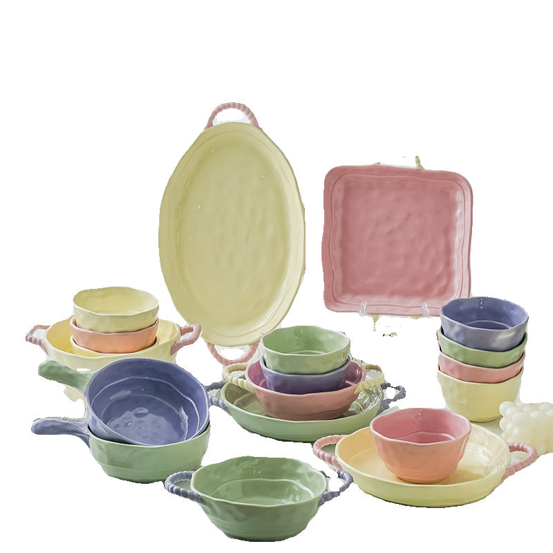 ins color-blocked ceramic handle bowl baking bowl with handle instant noodle bowl with handle atmosphere sense of high value salad fruit yogurt bowl