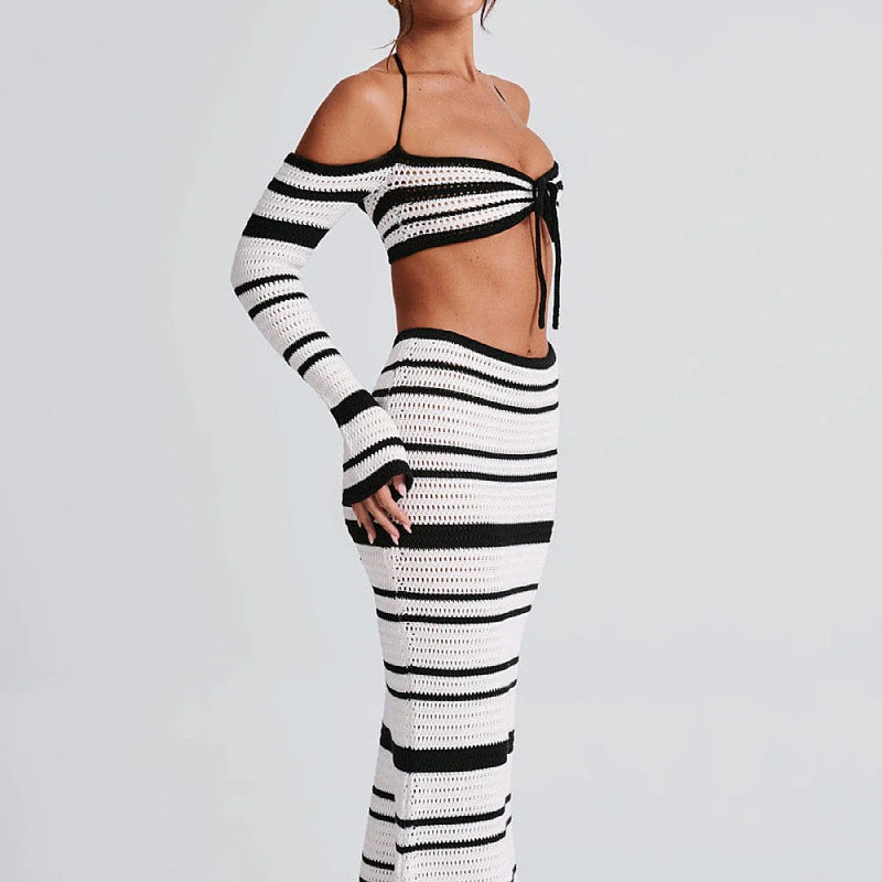 2025 New European and American Cross-border Babes Women's Suit Summer Stripe Long Sleeve Halterneck Top Skirt Two-Piece Women's