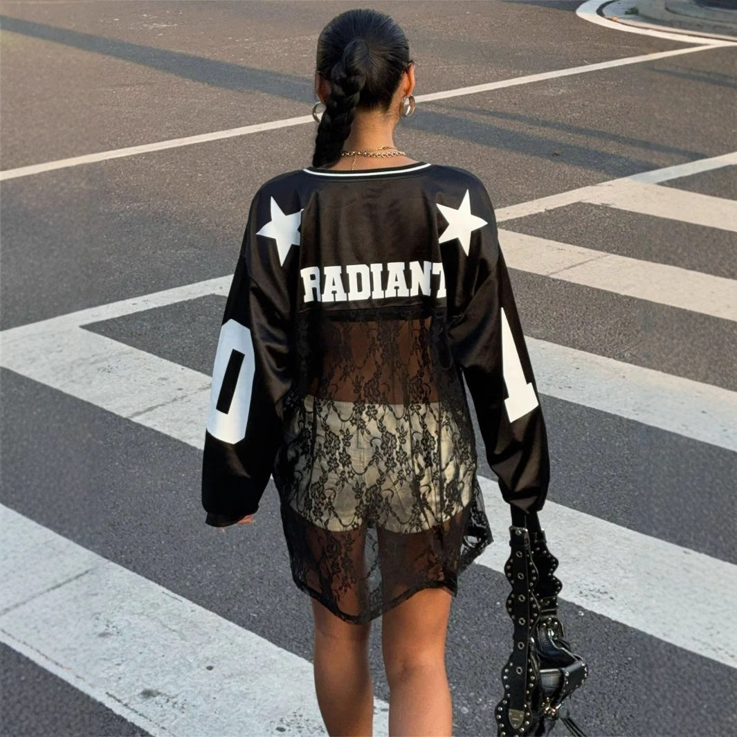 European and American summer new women's clothing, cross-border foreign trade, personality trendy style, printed lace, see-through V-neck sweatshirt