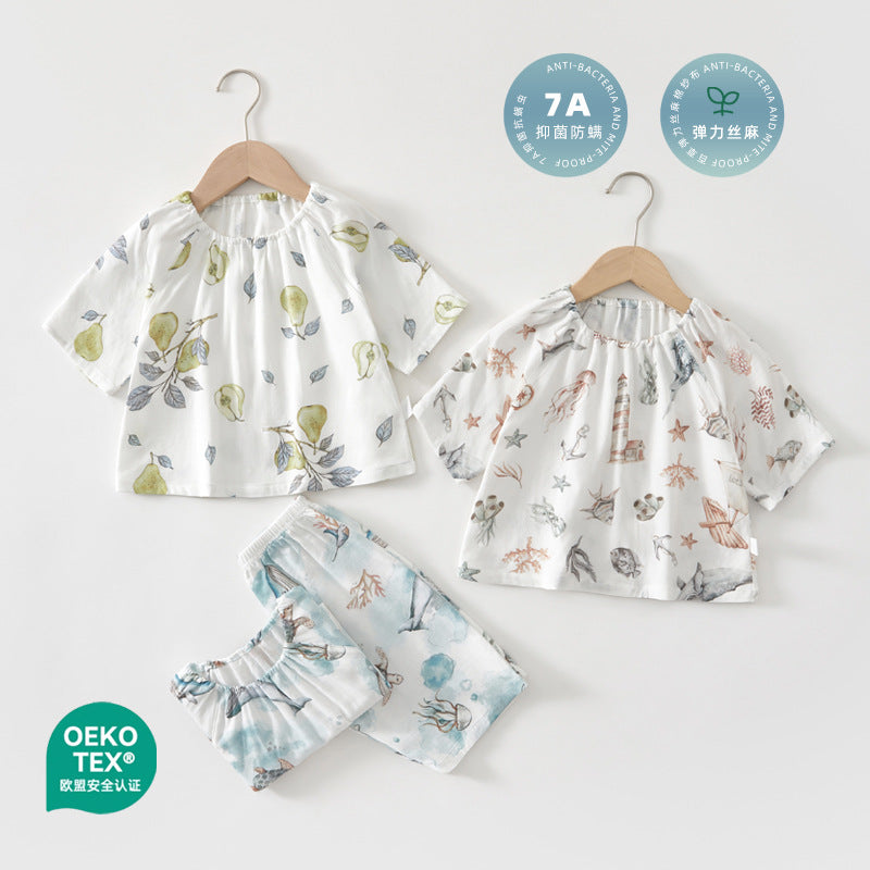 Korean vintage floral pajamas baby print casual two-piece summer new gauze set baby loungewear