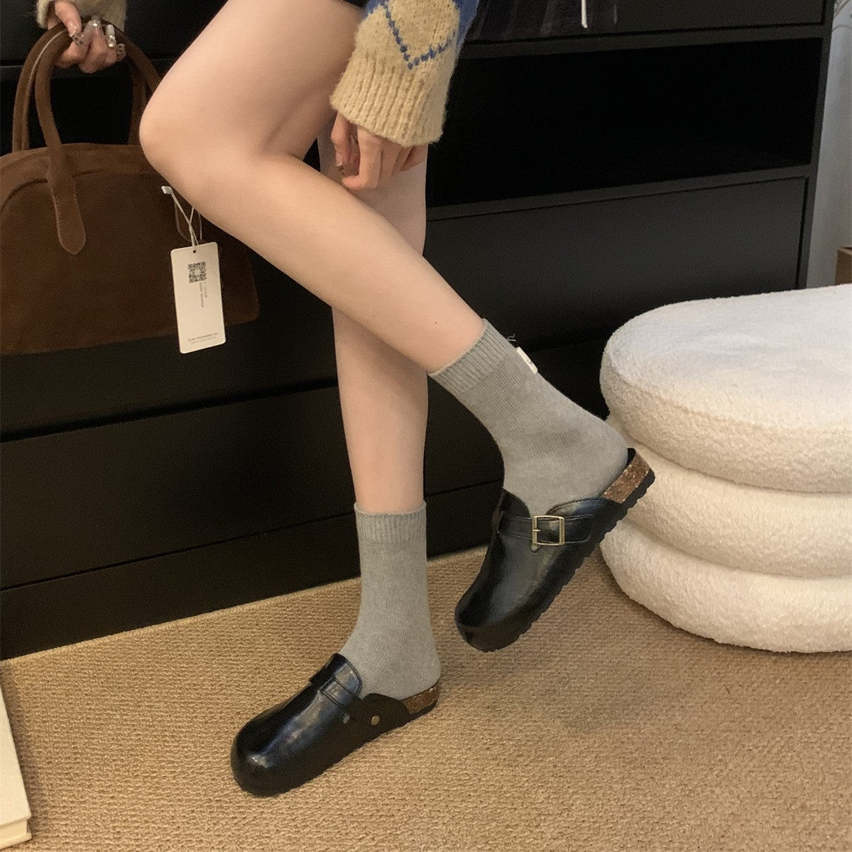 Thick-soled BirkenstocksWomen's ShoesWrap-toe-Semi-SlippersWear Fall/Winter 2024 Black Small Leather ShoesBoken Shoes