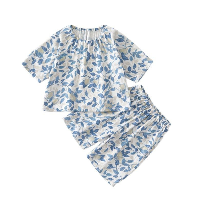 Korean vintage floral pajamas baby print casual two-piece summer new gauze set baby loungewear