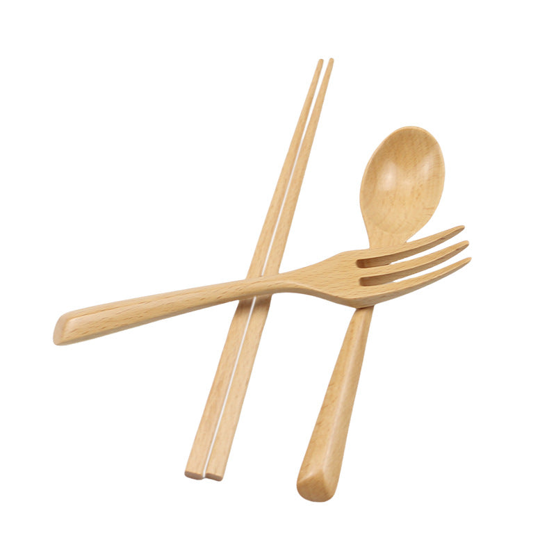 Factory direct batch creative triangular handle spoon fork chopsticks three-piece set solid wood soup spoon fork chopsticks tableware rice spoon wooden spoon