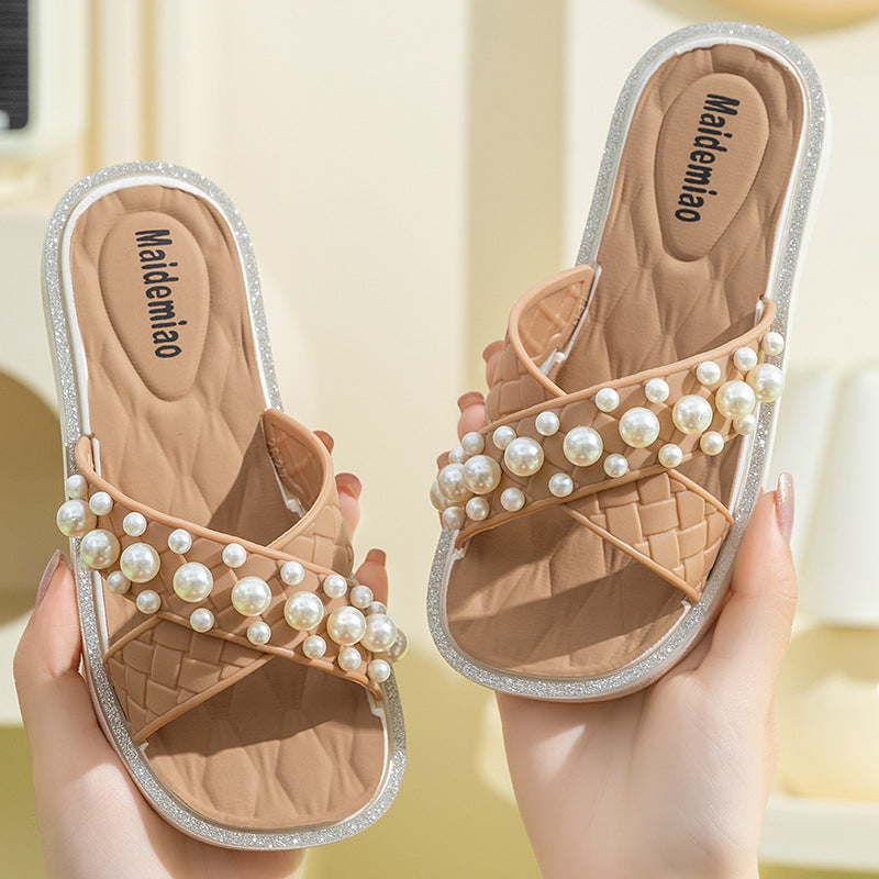 2025 New Kids Fashion Pearl Slippers Wholesale Summer Wear Non Slip Girls Indoor Soft Sole Princess Flip Flops