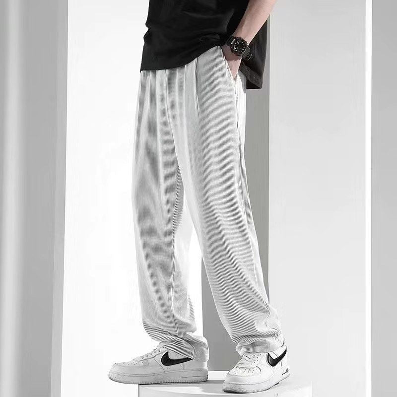 Casual pants men's summer ice silk stripe ultra-thin breathable sports stretch loose straight drape feeling wide-leg trousers