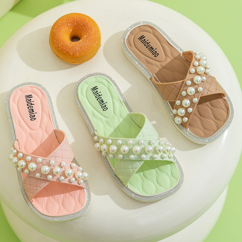 2025 New Kids Fashion Pearl Slippers Wholesale Summer Wear Non Slip Girls Indoor Soft Sole Princess Flip Flops