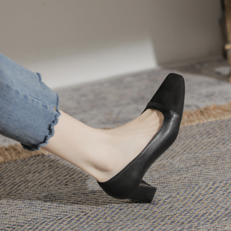 Sheepskin color-blocking small fragrance style thick heel single shoes women's medium heel pumps French high heels plus size women's shoes 41 to 43