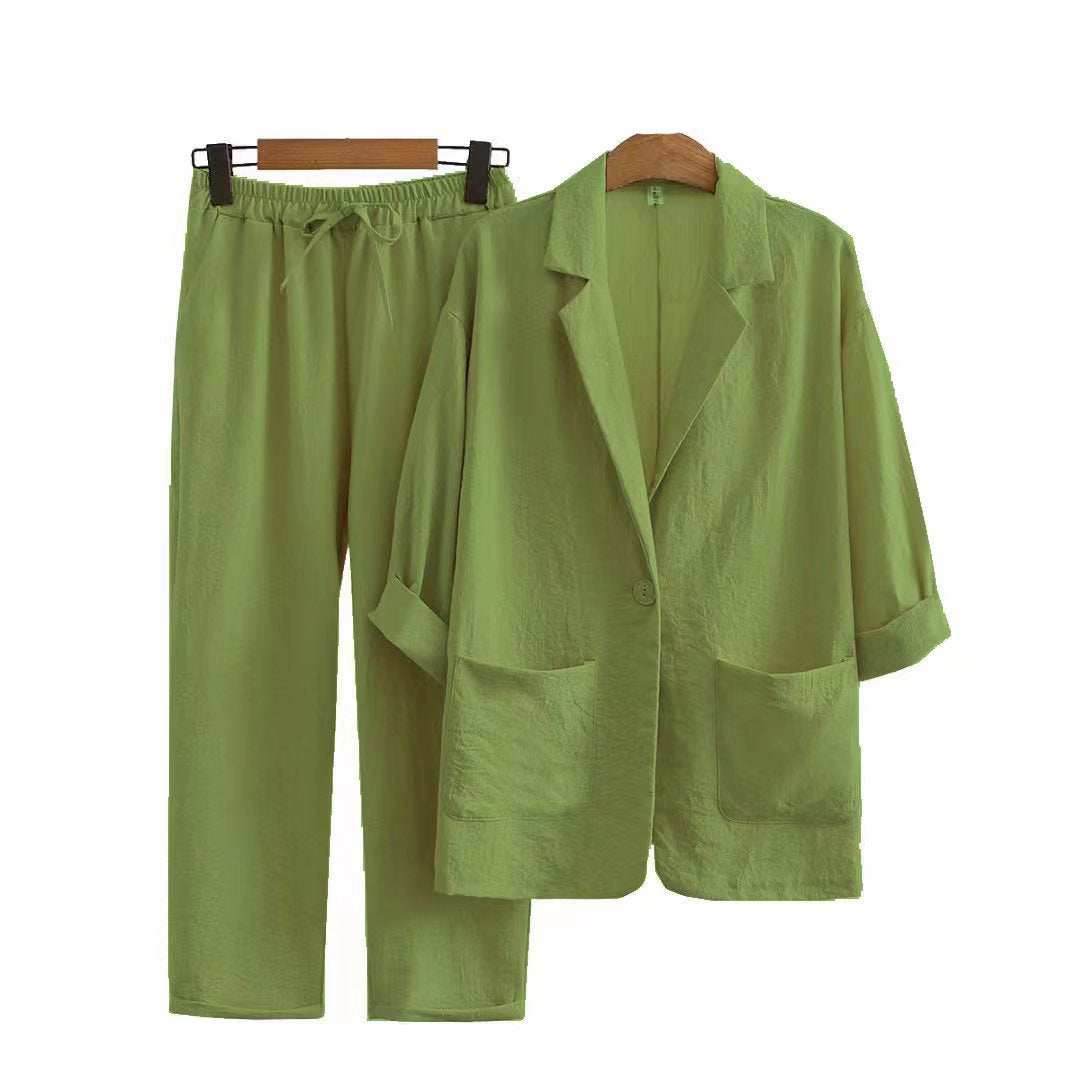 2025 European and American New Women's Autumn Commuter Suits Cotton and Linen Jacket Pants Pockets Loose Fashion Casual Wear