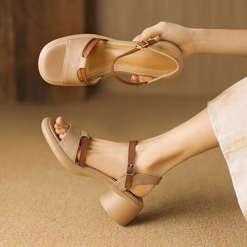 Soft leather platform sole strap sandals women's 2025 new summer soft sole thick heels are not tiring to work and wear with skirts