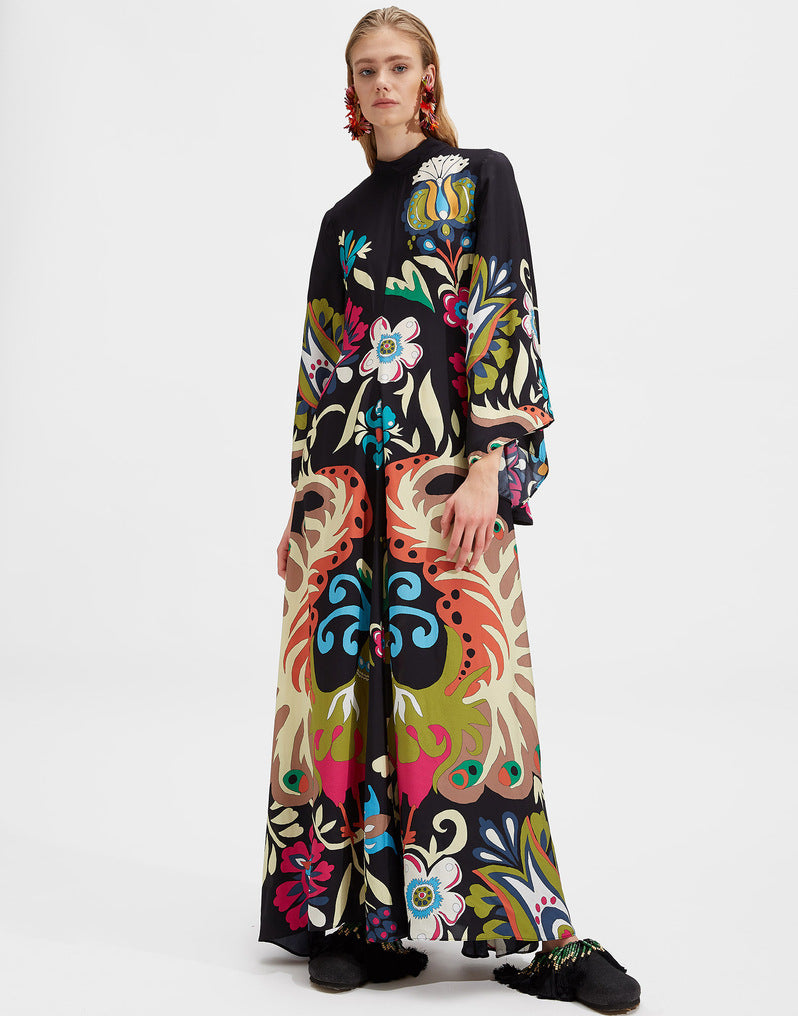Cross-border foreign trade independent station Amazon Europe and the United States new summer print three-quarter sleeve stand-up collar dress