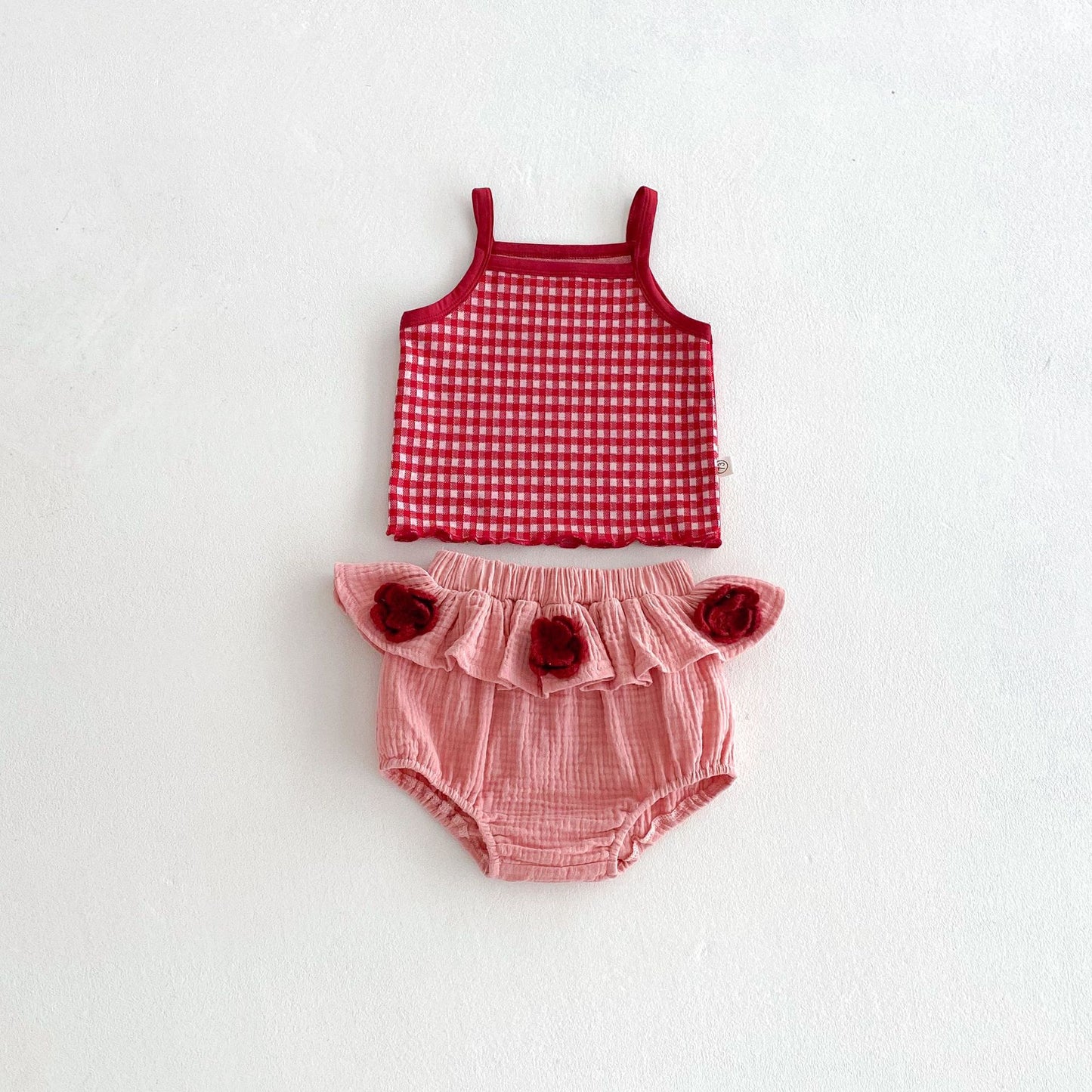 25 baby new girl cute summer super cute sleeveless suspender plaid flower fart skirt baby playful suit