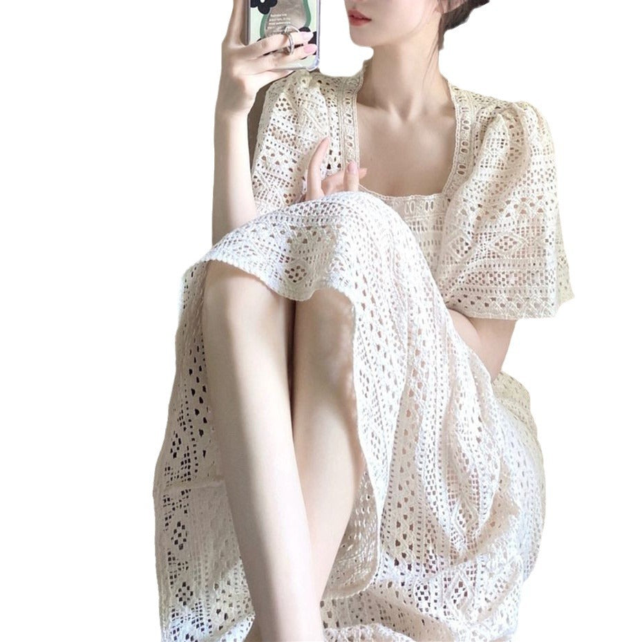 French temperament cut-out lace dress 2024 new summer sister light mature style thin square neck long skirt women