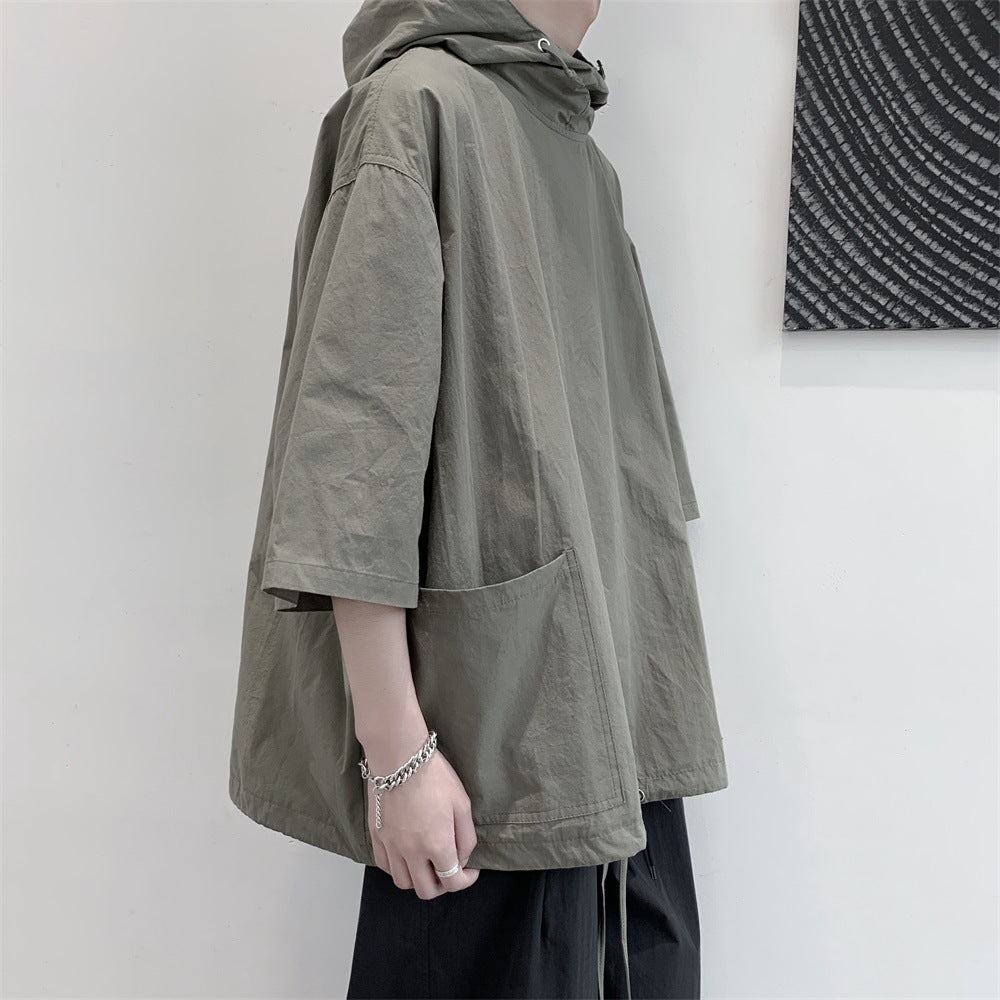 Summer Hooded Short Sleeve T-Shirt Men's Loose Quarter Sleeve Sweatshirt Trendy Trench Coat Type Pullover Medium Sleeve Clothes Summer Dress