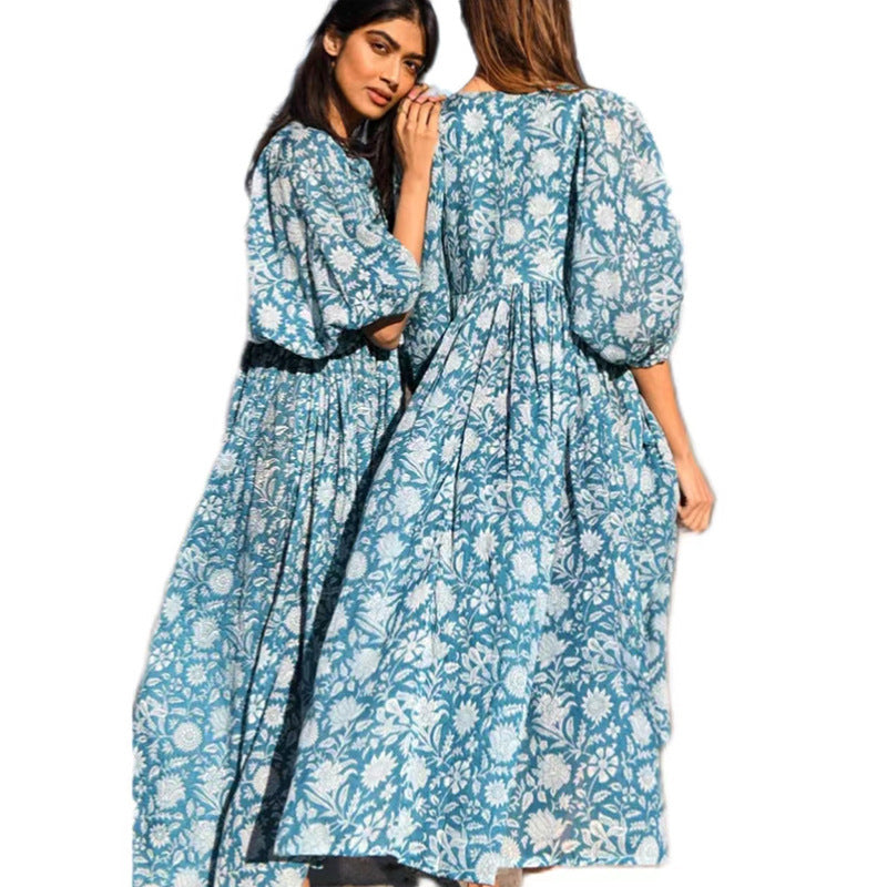 Amazon AliExpress cross-border hot selling personality literary and artistic European and American style people cotton floral fashion printed dress