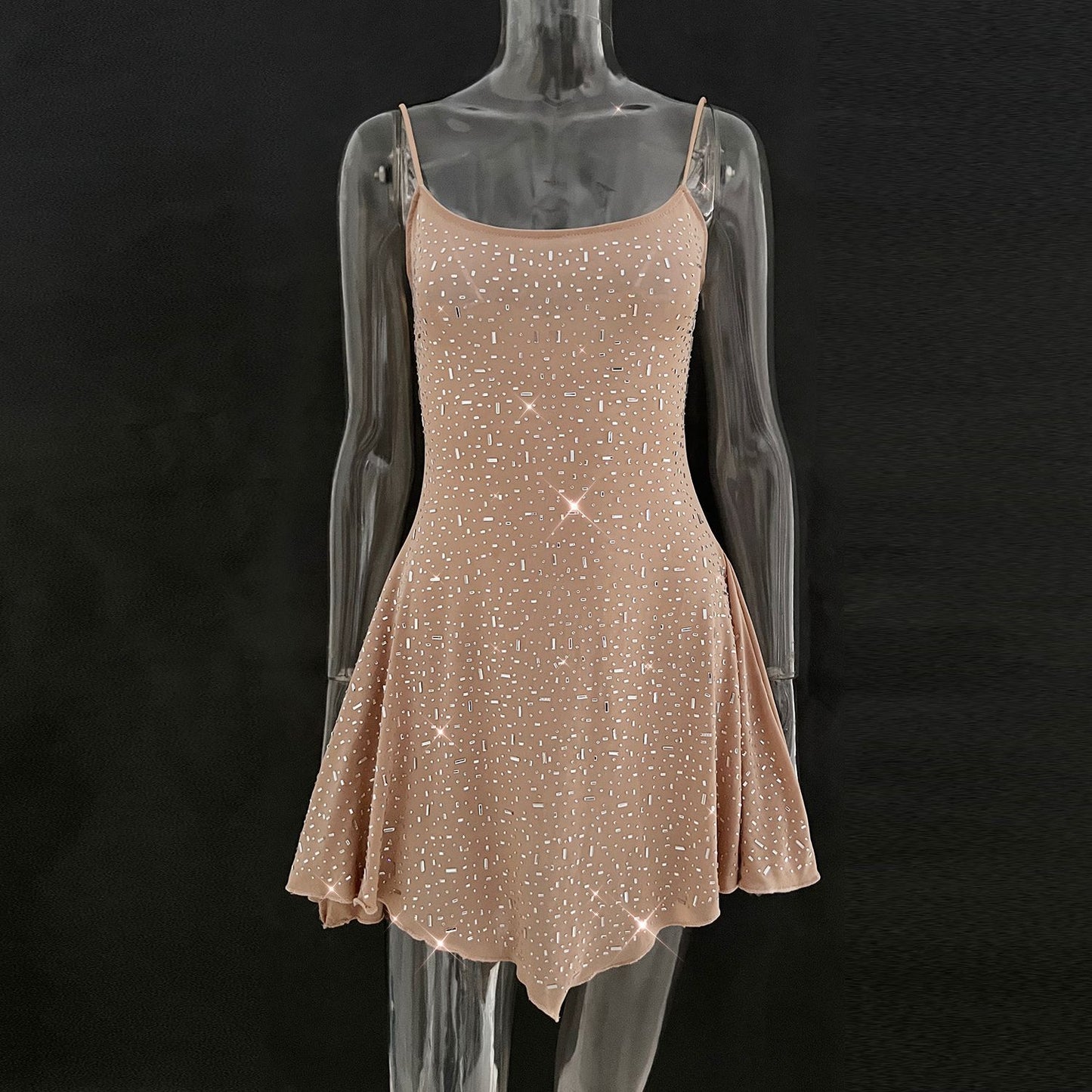 2025 cross-border hot women's clothing Amazon AliExpress independent station party hot diamond semi-sheer slip short dress
