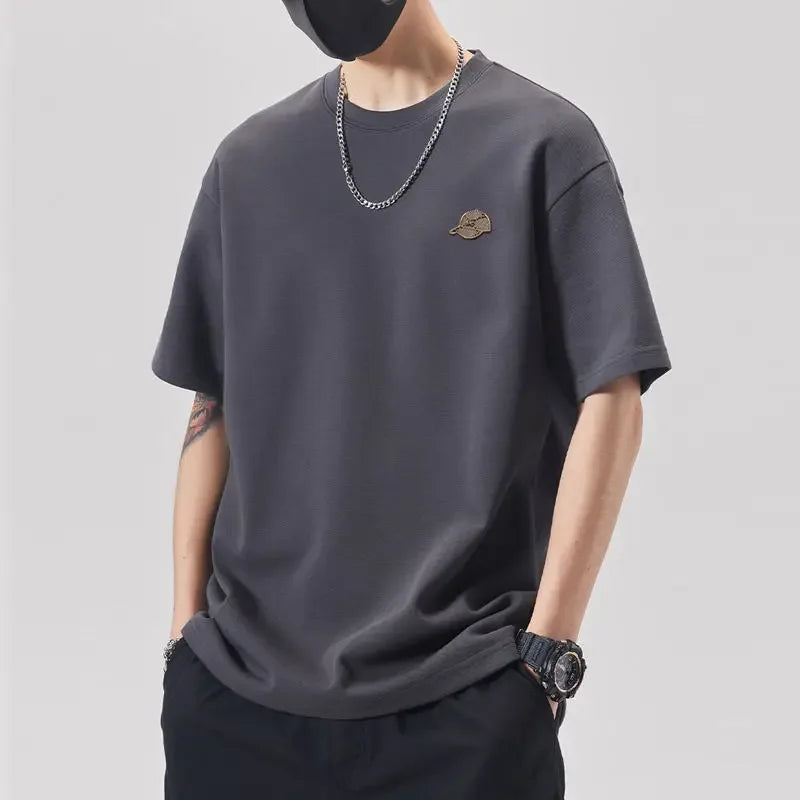 Heavy embroidery piqué cotton t-shirt men's spring summer new trend dropped shoulder short sleeve crew neck loose large size half sleeve shirt Jane