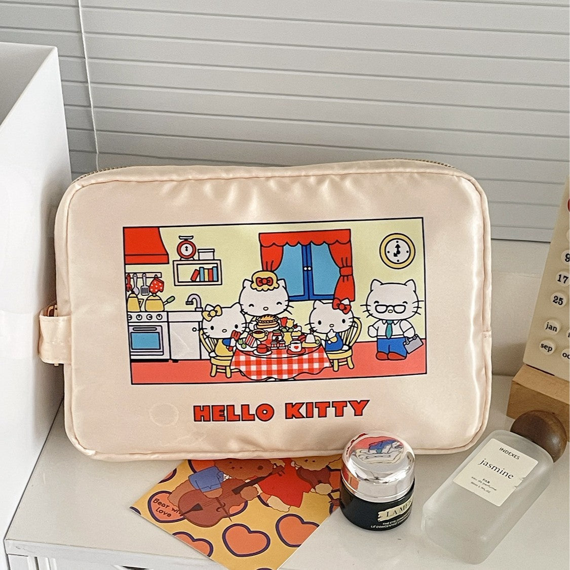 Satin kt cat makeup bag cute cartoon beige print storage bag for travel portable toiletry bag