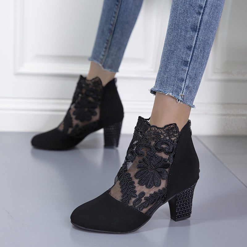 Lace mesh high heeled sandals women's amazon foreign trade plus size european and american fashion round toe block heel roman sandals wholesale