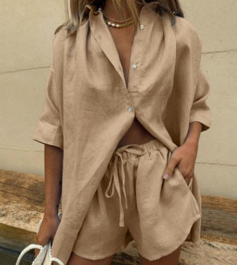 Europe and the United States 2024 summer new women's solid color single-breasted short-sleeved shirt two-piece wide-leg pants lace-up shorts